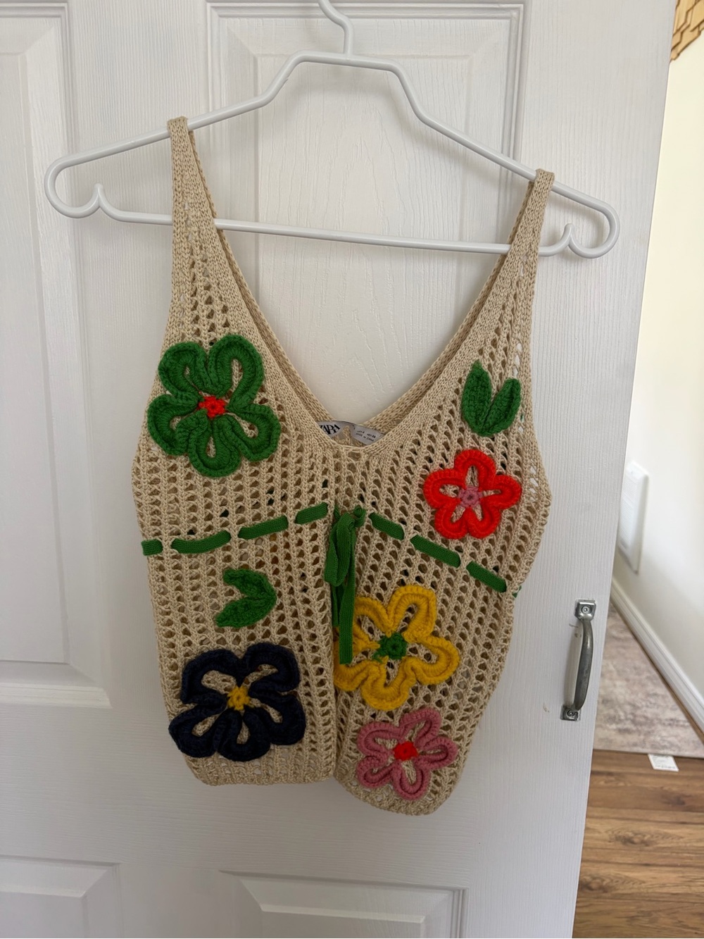 Zara Cream Crochet Tank with Green Stitch Details